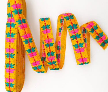Yellow Cotton Fabric Trim with Floral Embroidery in Blue, Pink, Yellow and Red